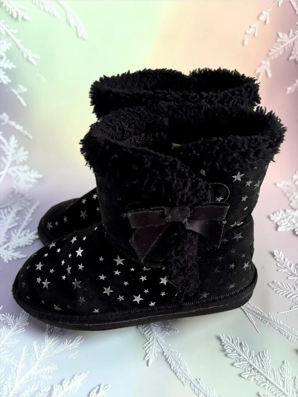 Lily & Dan Black Toddler Girls Star Print Faux‑Suede Winter Boots Size 11/12 EUC